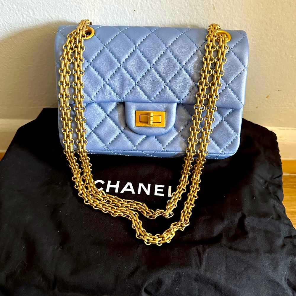 💯% Authentic Chanel Metallic Calfskin Blue/ Lavender Mini Reissue 2.55 Flap Bag
